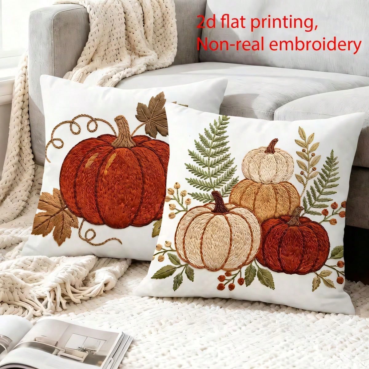 4pcs Autumn Pumpkin & Maple Leaf Pillow Covers, Thanksgiving American Country Style Autumn Pumpkin & Foliage Print Pattern, Single-Sided 2D Flat Print, Not 3D Realistic Embroidery, 45x45cm (18x18in)