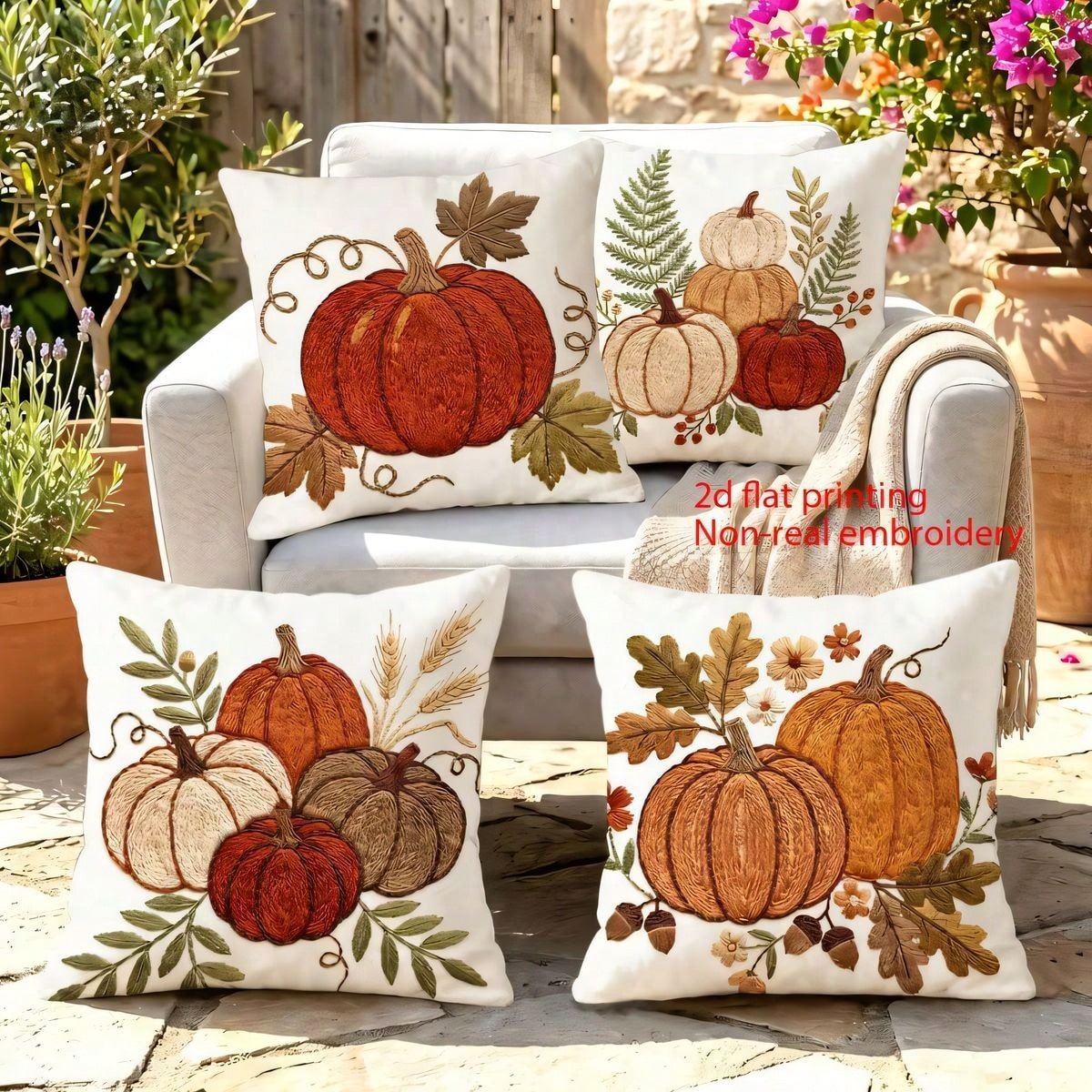 4pcs Autumn Pumpkin & Maple Leaf Pillow Covers, Thanksgiving American Country Style Autumn Pumpkin & Foliage Print Pattern, Single-Sided 2D Flat Print, Not 3D Realistic Embroidery, 45x45cm (18x18in)