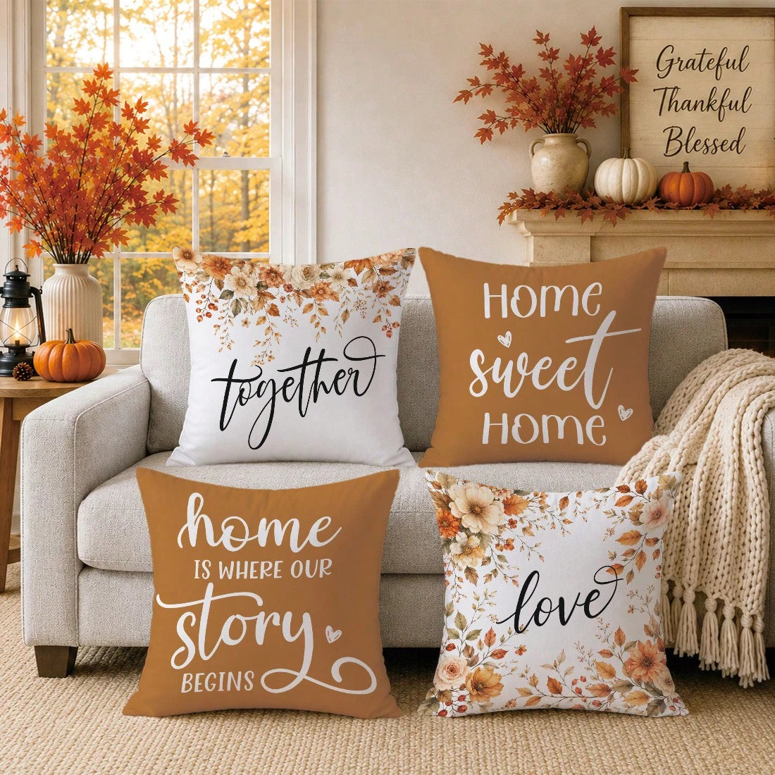4pcs Caramel Warm Brown Autumn Floral Home Text Pillow Covers, Single-Sided Printed Skin-Friendly Peach Skin Velvet Material, 45*45CM Cushion Covers Suitable For Home Bedroom Living Room Room Party De