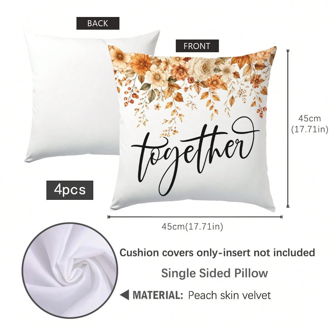 4pcs Caramel Warm Brown Autumn Floral Home Text Pillow Covers, Single-Sided Printed Skin-Friendly Peach Skin Velvet Material, 45*45CM Cushion Covers Suitable For Home Bedroom Living Room Room Party De