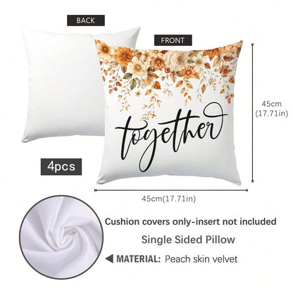 4pcs Caramel Warm Brown Autumn Floral Home Text Pillow Covers, Single-Sided Printed Skin-Friendly Peach Skin Velvet Material, 45*45CM Cushion Covers Suitable For Home Bedroom Living Room Room Party De