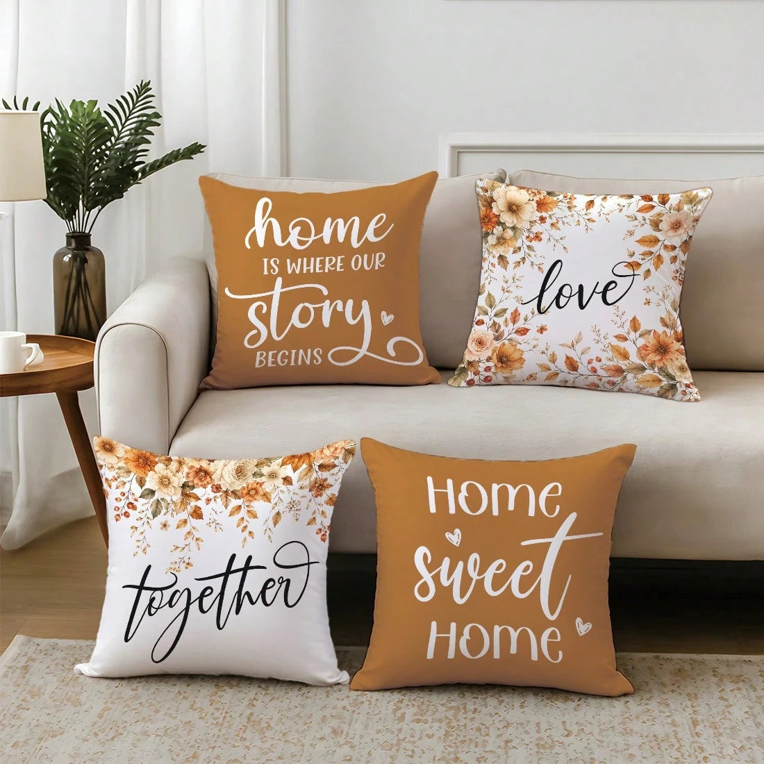 4pcs Caramel Warm Brown Autumn Floral Home Text Pillow Covers, Single-Sided Printed Skin-Friendly Peach Skin Velvet Material, 45*45CM Cushion Covers Suitable For Home Bedroom Living Room Room Party De
