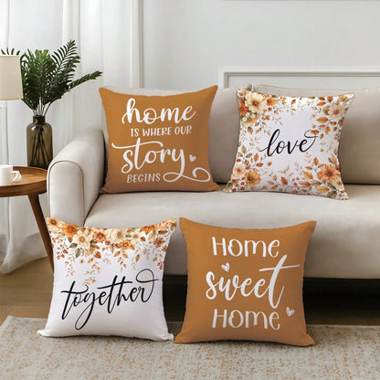 4pcs Caramel Warm Brown Autumn Floral Home Text Pillow Covers, Single-Sided Printed Skin-Friendly Peach Skin Velvet Material, 45*45CM Cushion Covers Suitable For Home Bedroom Living Room Room Party De