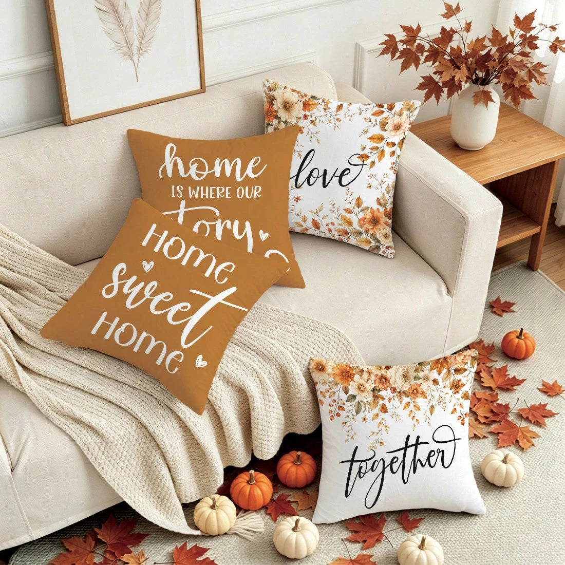 4pcs Caramel Warm Brown Autumn Floral Home Text Pillow Covers, Single-Sided Printed Skin-Friendly Peach Skin Velvet Material, 45*45CM Cushion Covers Suitable For Home Bedroom Living Room Room Party De