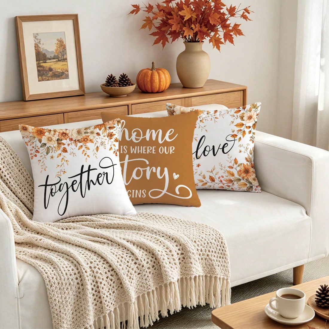 4pcs Caramel Warm Brown Autumn Floral Home Text Pillow Covers, Single-Sided Printed Skin-Friendly Peach Skin Velvet Material, 45*45CM Cushion Covers Suitable For Home Bedroom Living Room Room Party De