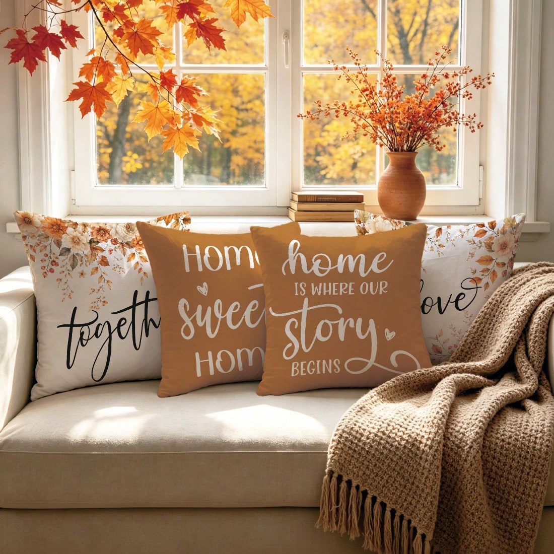 4pcs Caramel Warm Brown Autumn Floral Home Text Pillow Covers, Single-Sided Printed Skin-Friendly Peach Skin Velvet Material, 45*45CM Cushion Covers Suitable For Home Bedroom Living Room Room Party De