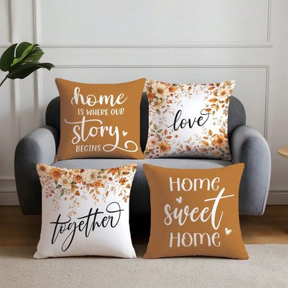 4pcs Caramel Warm Brown Autumn Floral Home Text Pillow Covers, Single-Sided Printed Skin-Friendly Peach Skin Velvet Material, 45*45CM Cushion Covers Suitable For Home Bedroom Living Room Room Party De