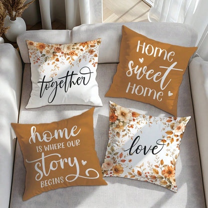 4pcs Caramel Warm Brown Autumn Floral Home Text Pillow Covers, Single-Sided Printed Skin-Friendly Peach Skin Velvet Material, 45*45CM Cushion Covers Suitable For Home Bedroom Living Room Room Party De