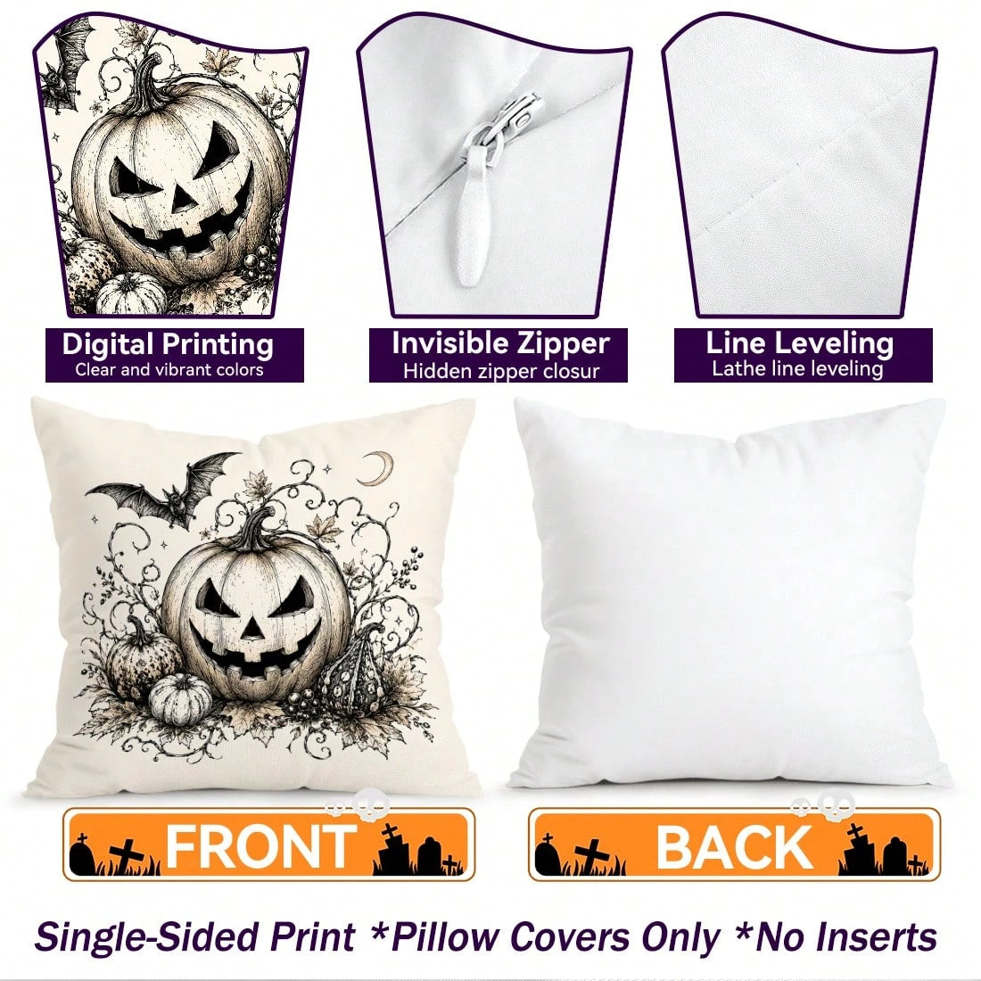4pcs Halloween Pumpkin Ghost Witch Pattern Single-Sided Printed Pillow Covers/Cushion Covers, Multi-Scene Atmosphere Decoration Pillow Covers Suitable For Living Room Sofa Bedroom, Pillow Insert Not I