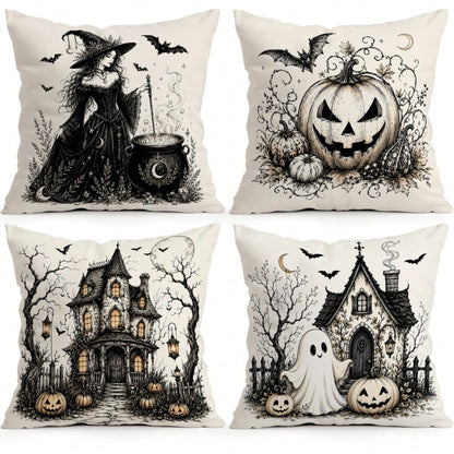 4pcs Halloween Pumpkin Ghost Witch Pattern Single-Sided Printed Pillow Covers/Cushion Covers, Multi-Scene Atmosphere Decoration Pillow Covers Suitable For Living Room Sofa Bedroom, Pillow Insert Not I