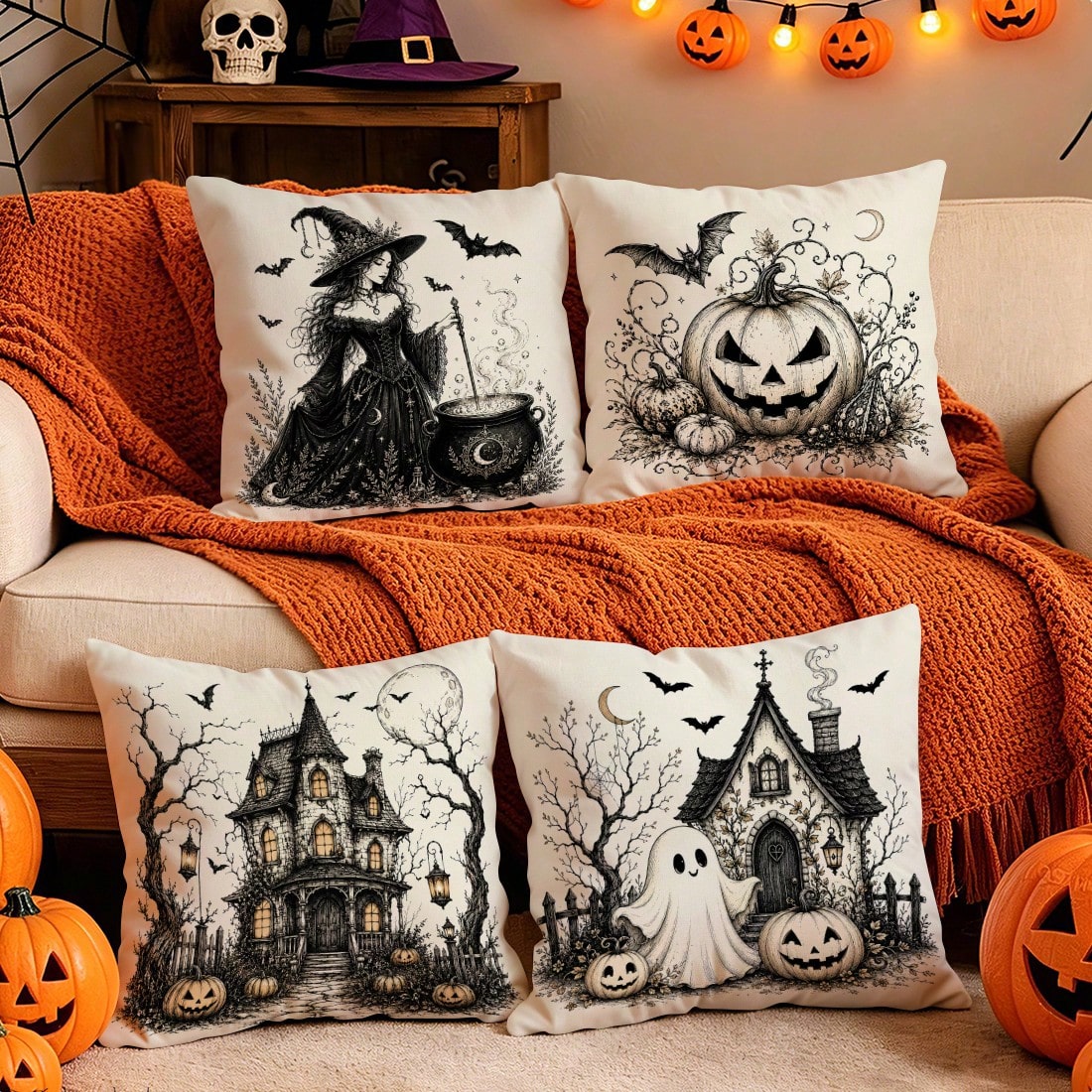 4pcs Halloween Pumpkin Ghost Witch Pattern Single-Sided Printed Pillow Covers/Cushion Covers, Multi-Scene Atmosphere Decoration Pillow Covers Suitable For Living Room Sofa Bedroom, Pillow Insert Not I