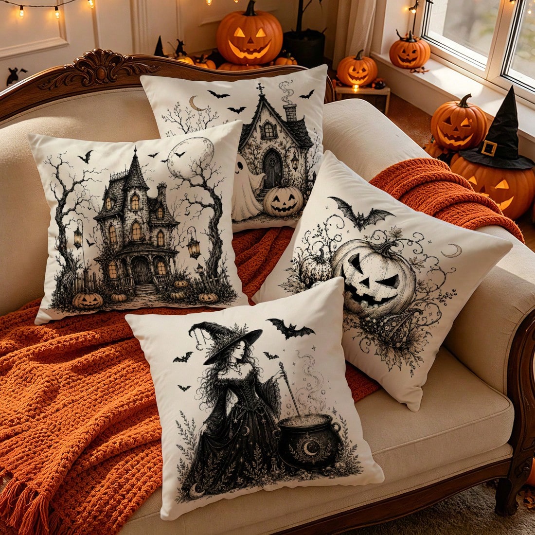 4pcs Halloween Pumpkin Ghost Witch Pattern Single-Sided Printed Pillow Covers/Cushion Covers, Multi-Scene Atmosphere Decoration Pillow Covers Suitable For Living Room Sofa Bedroom, Pillow Insert Not I