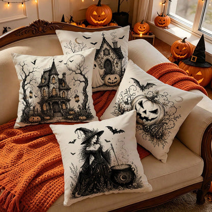 4pcs Halloween Pumpkin Ghost Witch Pattern Single-Sided Printed Pillow Covers/Cushion Covers, Multi-Scene Atmosphere Decoration Pillow Covers Suitable For Living Room Sofa Bedroom, Pillow Insert Not I