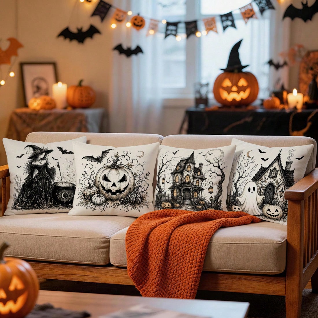 4pcs Halloween Pumpkin Ghost Witch Pattern Single-Sided Printed Pillow Covers/Cushion Covers, Multi-Scene Atmosphere Decoration Pillow Covers Suitable For Living Room Sofa Bedroom, Pillow Insert Not I