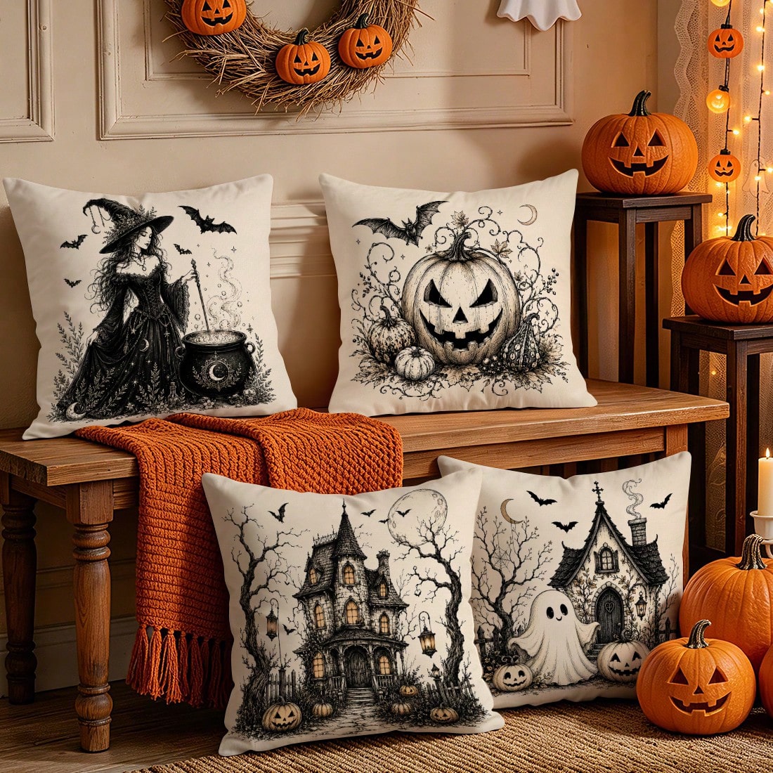 4pcs Halloween Pumpkin Ghost Witch Pattern Single-Sided Printed Pillow Covers/Cushion Covers, Multi-Scene Atmosphere Decoration Pillow Covers Suitable For Living Room Sofa Bedroom, Pillow Insert Not I