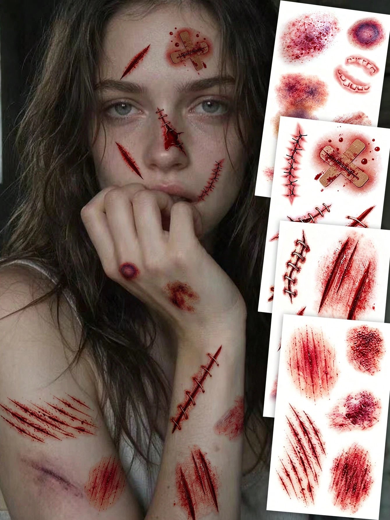 4pcs Halloween Zombie Scar Temporary Tattoo Stickers, Realistic Blood Stains, Wounds, Scrapes, Bruises And Bite Mark Scars Body Face Waterproof Tattoo Stickers, Suitable For Costume Party, Makeup Pran