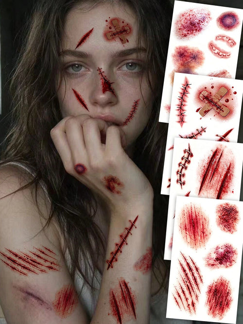 4pcs Halloween Zombie Scar Temporary Tattoo Stickers, Realistic Blood Stains, Wounds, Scrapes, Bruises And Bite Mark Scars Body Face Waterproof Tattoo Stickers, Suitable For Costume Party, Makeup Pran
