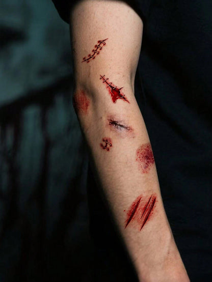 4pcs Halloween Zombie Scar Temporary Tattoo Stickers, Realistic Blood Stains, Wounds, Scrapes, Bruises And Bite Mark Scars Body Face Waterproof Tattoo Stickers, Suitable For Costume Party, Makeup Pran