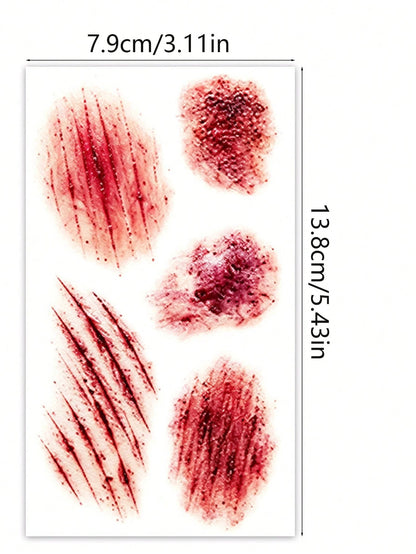 4pcs Halloween Zombie Scar Temporary Tattoo Stickers, Realistic Blood Stains, Wounds, Scrapes, Bruises And Bite Mark Scars Body Face Waterproof Tattoo Stickers, Suitable For Costume Party, Makeup Pran