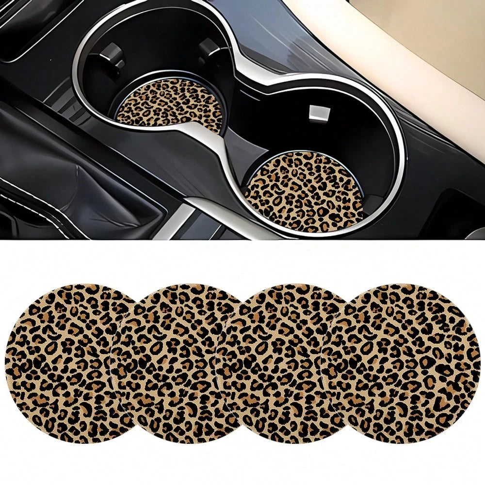4PCS Leopard Pattern Car Cup Mat PU Leather 2.75-Inch Car Interior Cup Mat Fashion Decoration Water Cup Mat, PU Leather Car Decoration Water Cup Mat, Beverage Mat Beautiful Cup Mat, Gift For Family An