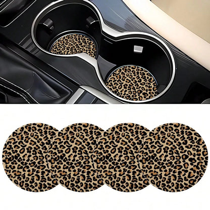4PCS Leopard Pattern Car Cup Mat PU Leather 2.75-Inch Car Interior Cup Mat Fashion Decoration Water Cup Mat, PU Leather Car Decoration Water Cup Mat, Beverage Mat Beautiful Cup Mat, Gift For Family An