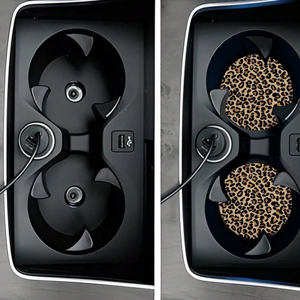 4PCS Leopard Pattern Car Cup Mat PU Leather 2.75-Inch Car Interior Cup Mat Fashion Decoration Water Cup Mat, PU Leather Car Decoration Water Cup Mat, Beverage Mat Beautiful Cup Mat, Gift For Family An