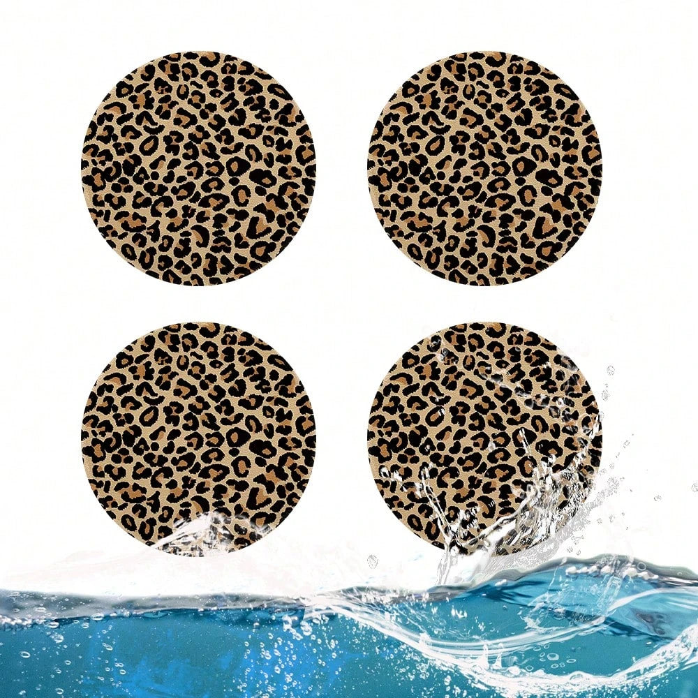 4PCS Leopard Pattern Car Cup Mat PU Leather 2.75-Inch Car Interior Cup Mat Fashion Decoration Water Cup Mat, PU Leather Car Decoration Water Cup Mat, Beverage Mat Beautiful Cup Mat, Gift For Family An