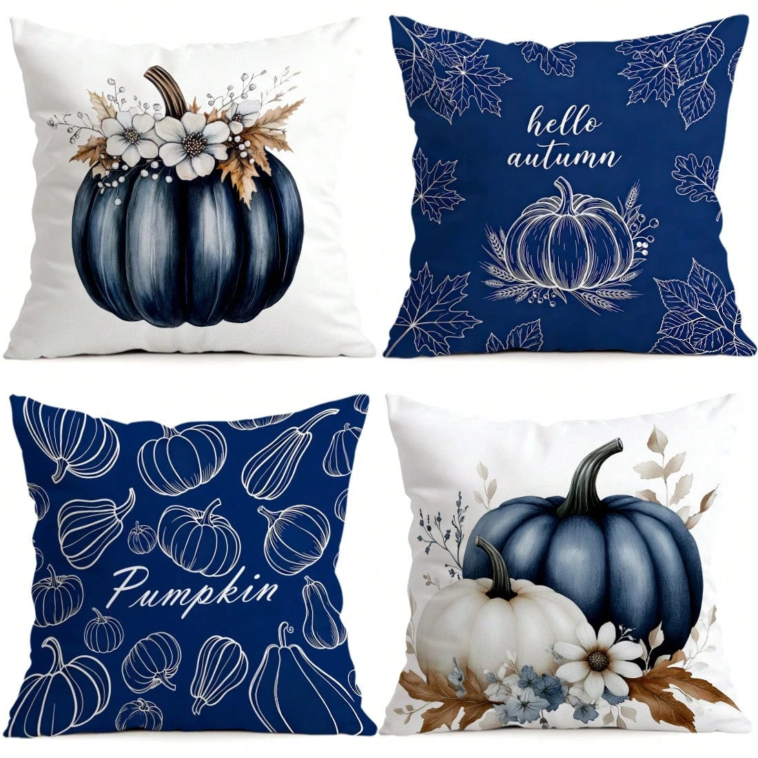 4pcs Navy Blue Farmhouse Harvest Decorative Pillow Covers, Single-Sided Printed Pillow Covers, Suitable For Living Room, Bedroom, Home Decor, All Season Pillow Covers