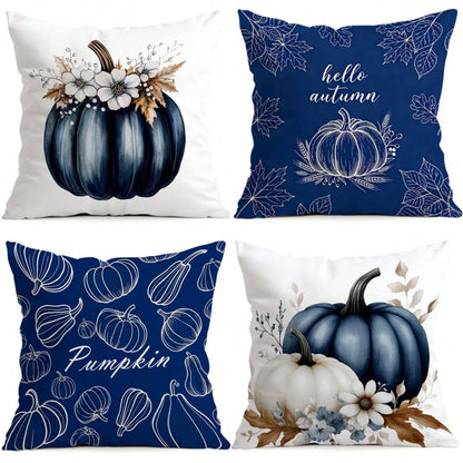 4pcs Navy Blue Farmhouse Harvest Decorative Pillow Covers, Single-Sided Printed Pillow Covers, Suitable For Living Room, Bedroom, Home Decor, All Season Pillow Covers