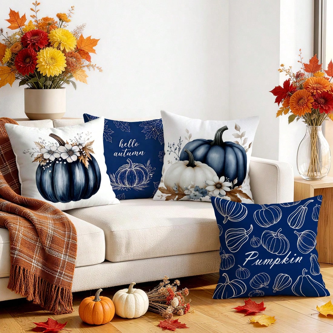4pcs Navy Blue Farmhouse Harvest Decorative Pillow Covers, Single-Sided Printed Pillow Covers, Suitable For Living Room, Bedroom, Home Decor, All Season Pillow Covers