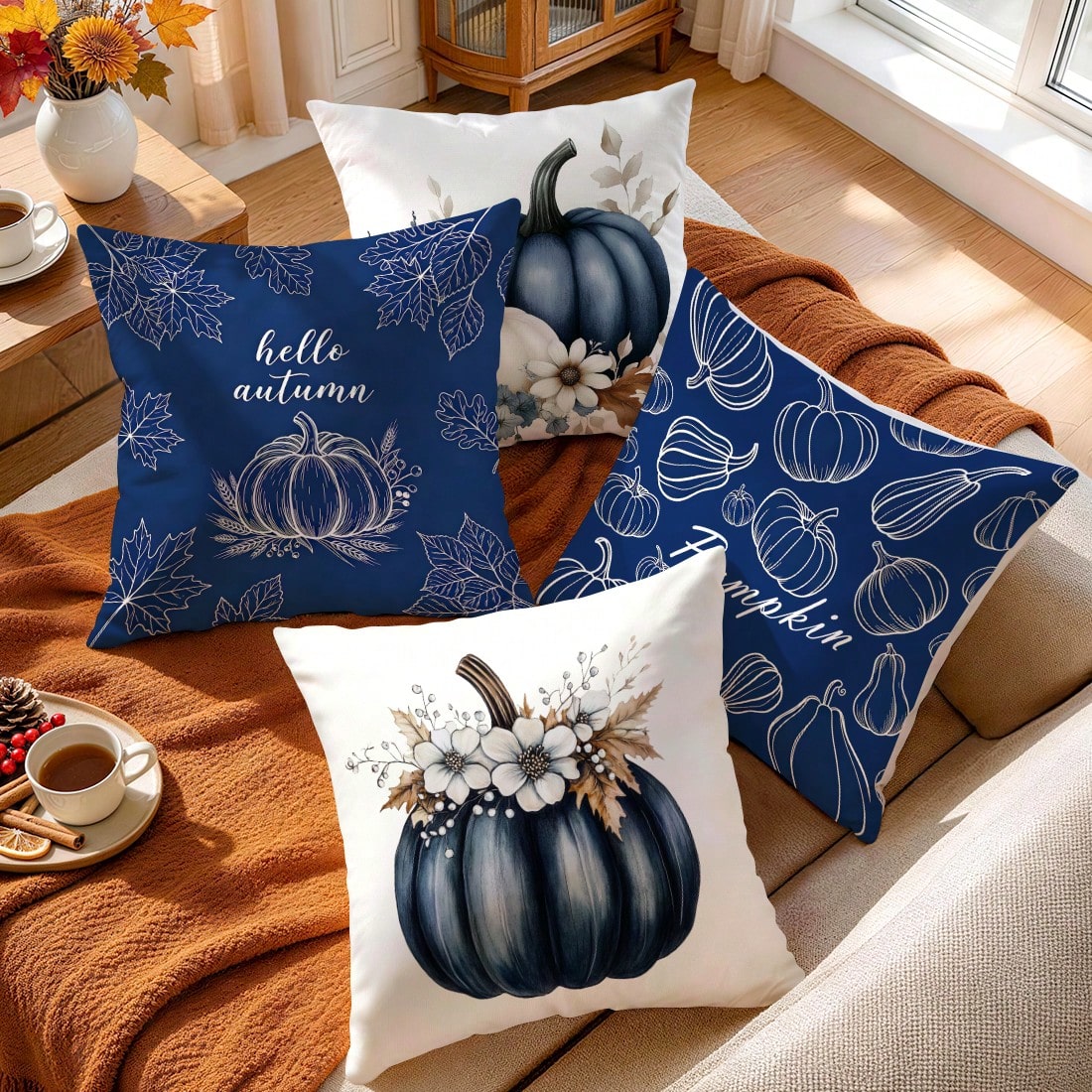4pcs Navy Blue Farmhouse Harvest Decorative Pillow Covers, Single-Sided Printed Pillow Covers, Suitable For Living Room, Bedroom, Home Decor, All Season Pillow Covers