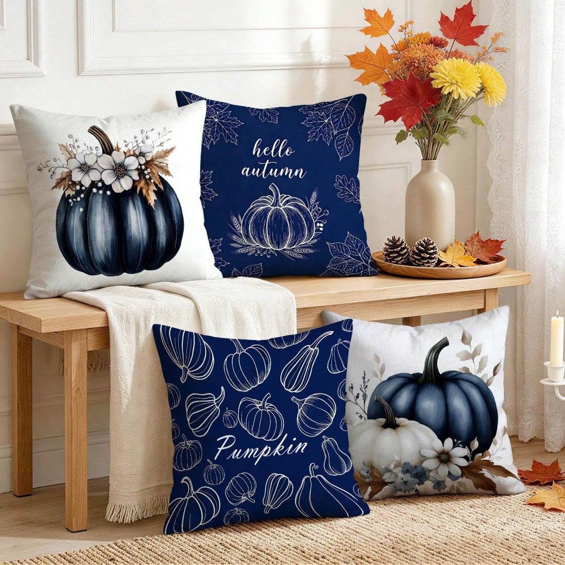 4pcs Navy Blue Farmhouse Harvest Decorative Pillow Covers, Single-Sided Printed Pillow Covers, Suitable For Living Room, Bedroom, Home Decor, All Season Pillow Covers