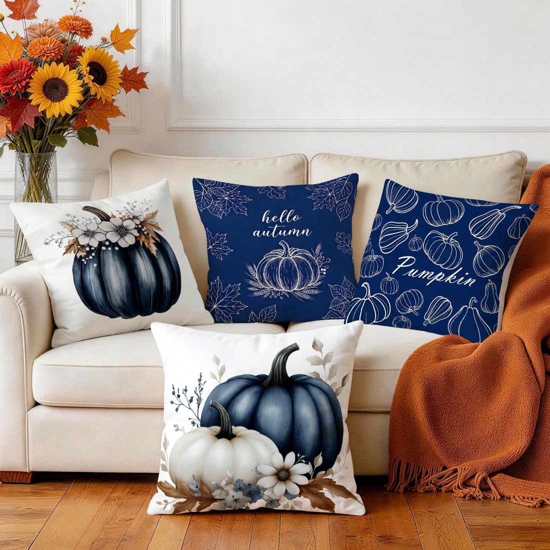 4pcs Navy Blue Farmhouse Harvest Decorative Pillow Covers, Single-Sided Printed Pillow Covers, Suitable For Living Room, Bedroom, Home Decor, All Season Pillow Covers