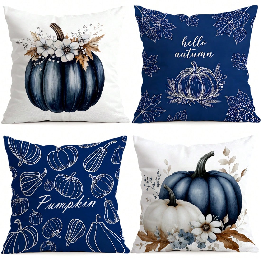 4pcs Navy Blue Farmhouse Harvest Decorative Pillow Covers, Single-Sided Printed Pillow Covers, Suitable For Living Room, Bedroom, Home Decor, All Season Pillow Covers