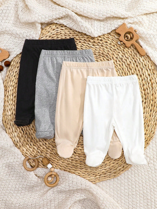 4pcs/Pack Newborn Baby Girls Footie Leggings Soft Stretchy Ribbed Knit Solid Color White Pink Black Gray Pants Comfortable Daily Wear Clothing Set