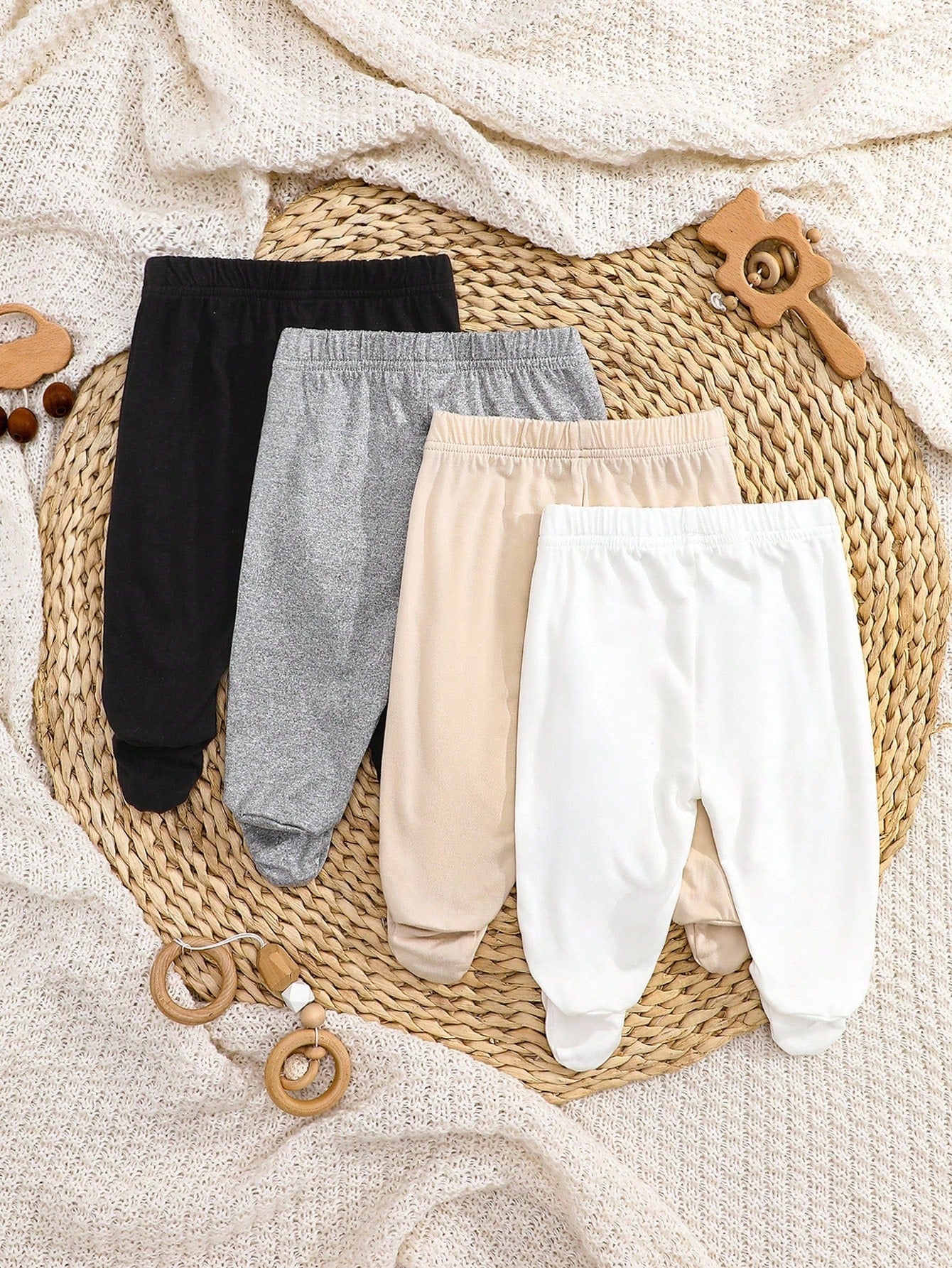 4pcs/Pack Newborn Baby Girls Footie Leggings Soft Stretchy Ribbed Knit Solid Color White Pink Black Gray Pants Comfortable Daily Wear Clothing Set