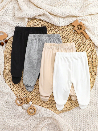 4pcs/Pack Newborn Baby Girls Footie Leggings Soft Stretchy Ribbed Knit Solid Color White Pink Black Gray Pants Comfortable Daily Wear Clothing Set