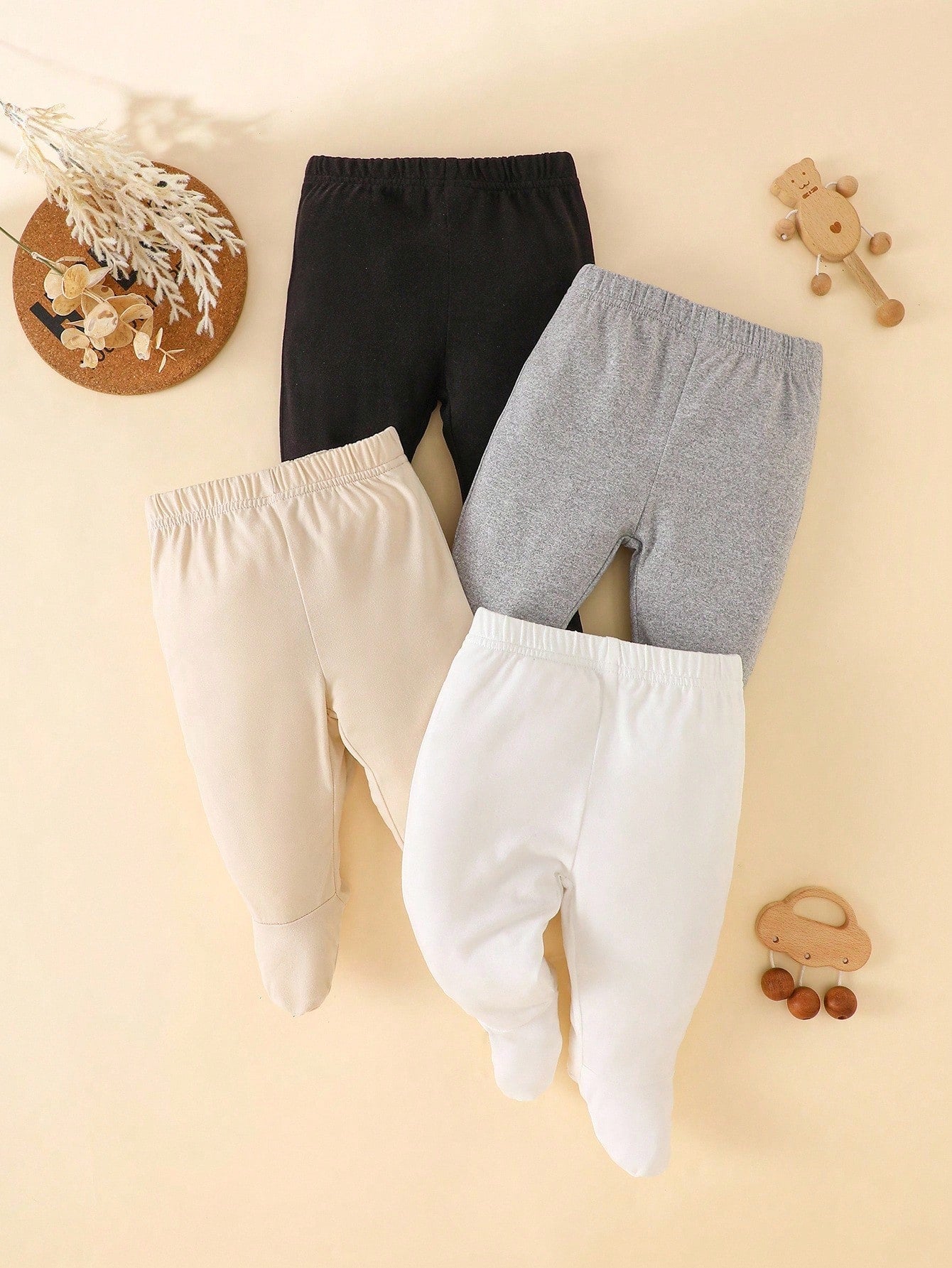 4pcs/Pack Newborn Baby Girls Footie Leggings Soft Stretchy Ribbed Knit Solid Color White Pink Black Gray Pants Comfortable Daily Wear Clothing Set