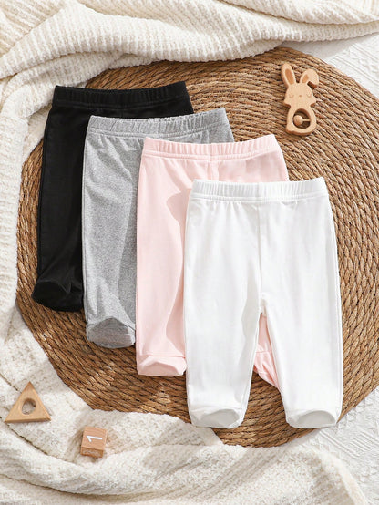 4pcs/Pack Newborn Baby Girls Footie Leggings Soft Stretchy Ribbed Knit Solid Color White Pink Black Gray Pants Comfortable Daily Wear Clothing Set