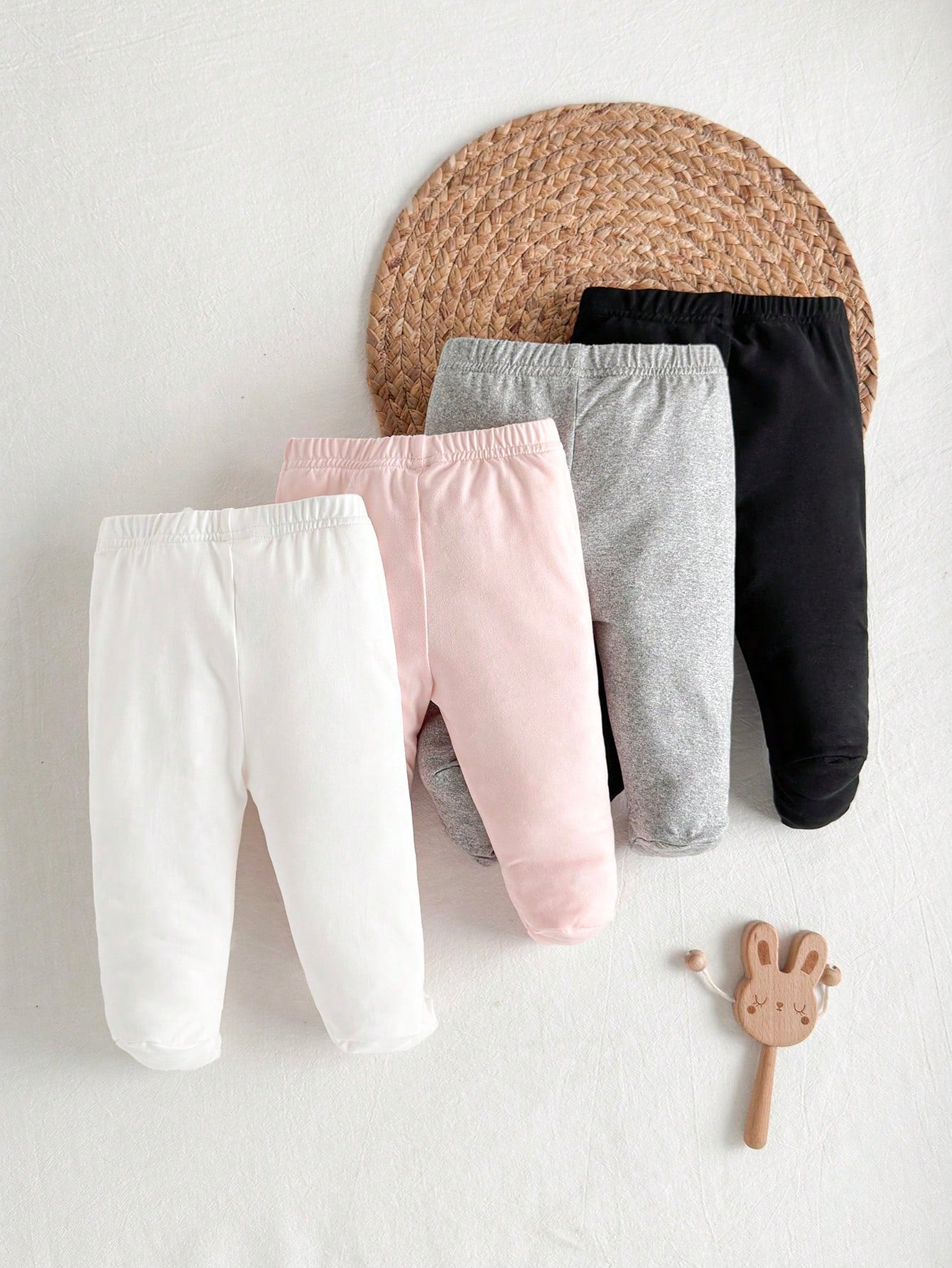 4pcs/Pack Newborn Baby Girls Footie Leggings Soft Stretchy Ribbed Knit Solid Color White Pink Black Gray Pants Comfortable Daily Wear Clothing Set