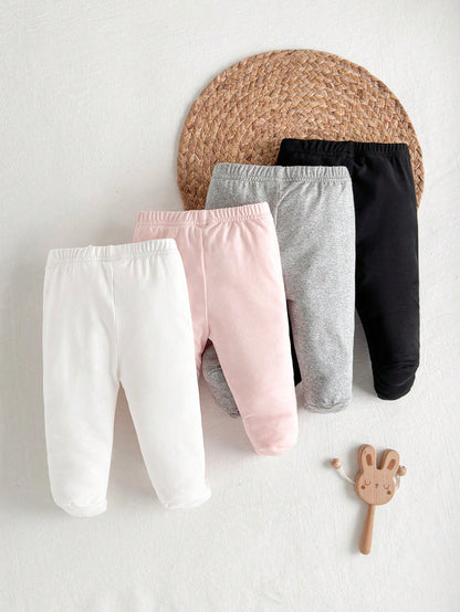 4pcs/Pack Newborn Baby Girls Footie Leggings Soft Stretchy Ribbed Knit Solid Color White Pink Black Gray Pants Comfortable Daily Wear Clothing Set