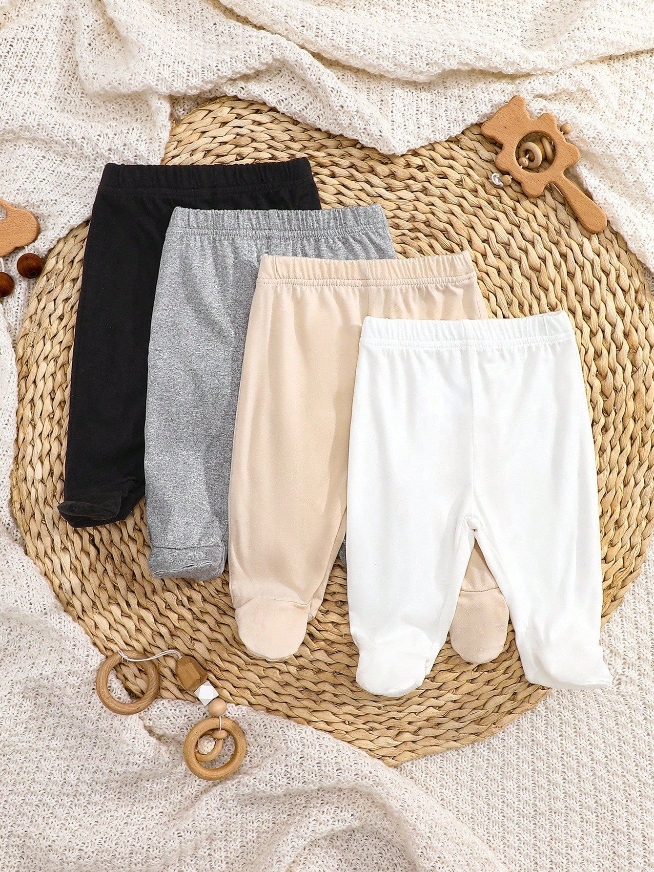 4pcs/Pack Newborn Baby Girls Footie Leggings Soft Stretchy Ribbed Knit Solid Color White Pink Black Gray Pants Comfortable Daily Wear Clothing Set