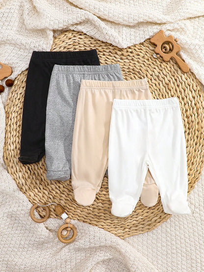 4pcs/Pack Newborn Baby Girls Footie Leggings Soft Stretchy Ribbed Knit Solid Color White Pink Black Gray Pants Comfortable Daily Wear Clothing Set