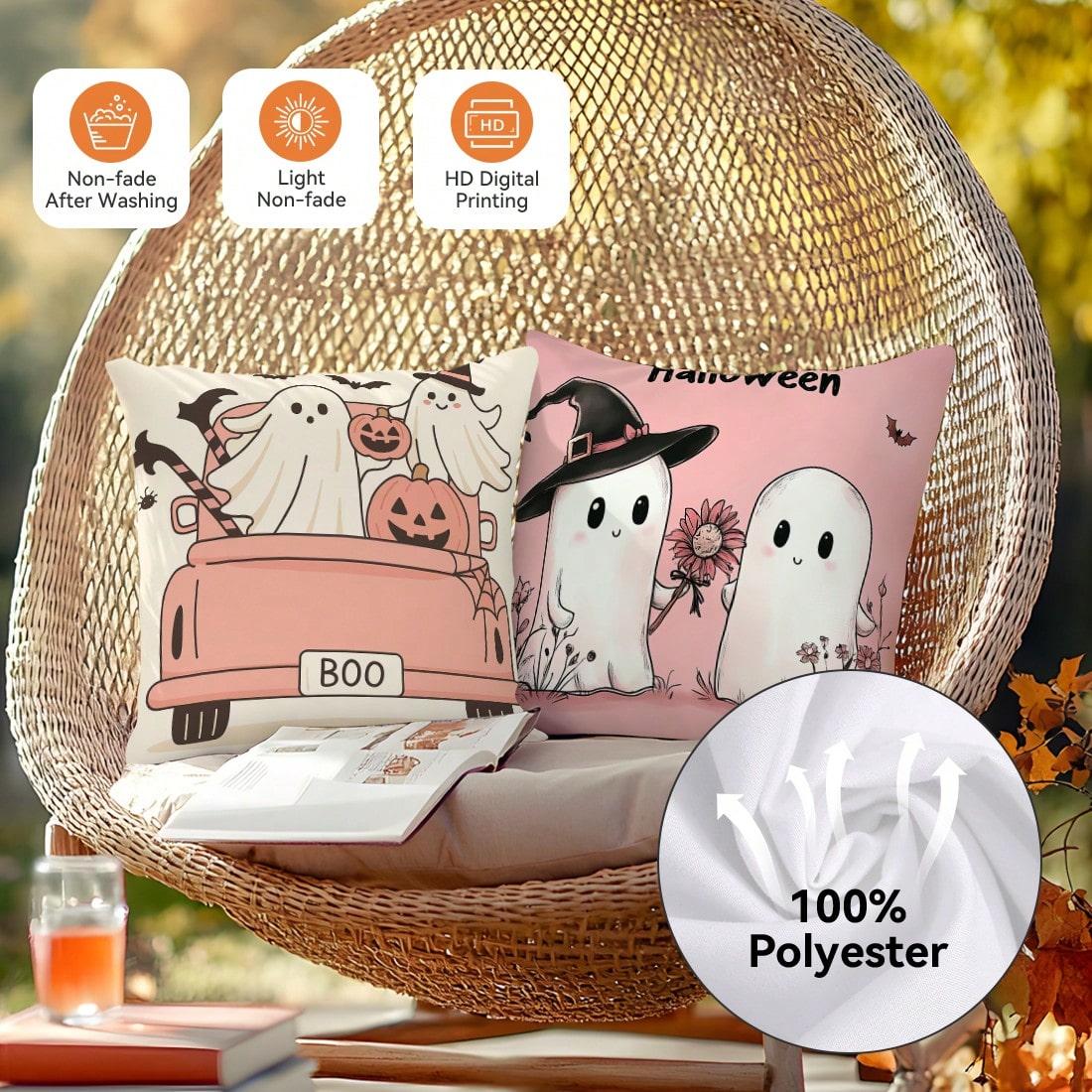 4pcs Pink Halloween Decorative Pattern Pillow Covers Without Inserts, Single-Sided Printed Pillow Covers, Suitable For Living Room Bedroom Home Decor, All-Season Pillow Covers