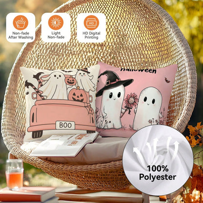 4pcs Pink Halloween Decorative Pattern Pillow Covers Without Inserts, Single-Sided Printed Pillow Covers, Suitable For Living Room Bedroom Home Decor, All-Season Pillow Covers