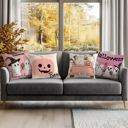 4pcs Pink Halloween Decorative Pattern Pillow Covers Without Inserts, Single-Sided Printed Pillow Covers, Suitable For Living Room Bedroom Home Decor, All-Season Pillow Covers