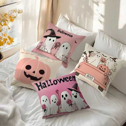 4pcs Pink Halloween Decorative Pattern Pillow Covers Without Inserts, Single-Sided Printed Pillow Covers, Suitable For Living Room Bedroom Home Decor, All-Season Pillow Covers