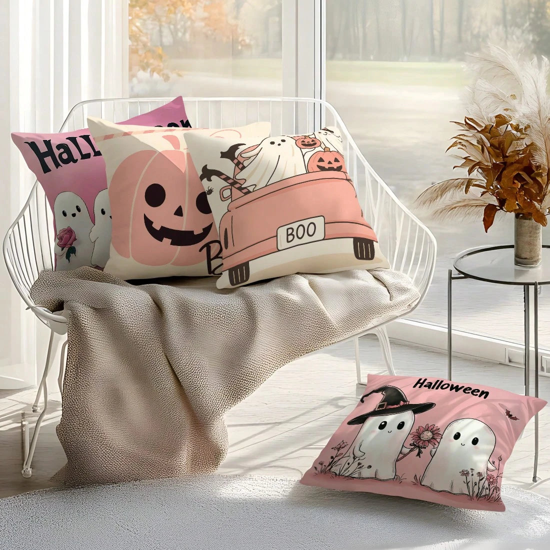 4pcs Pink Halloween Decorative Pattern Pillow Covers Without Inserts, Single-Sided Printed Pillow Covers, Suitable For Living Room Bedroom Home Decor, All-Season Pillow Covers