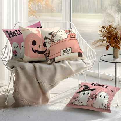 4pcs Pink Halloween Decorative Pattern Pillow Covers Without Inserts, Single-Sided Printed Pillow Covers, Suitable For Living Room Bedroom Home Decor, All-Season Pillow Covers