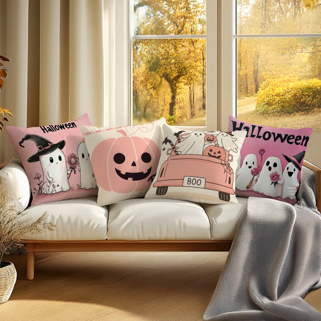 4pcs Pink Halloween Decorative Pattern Pillow Covers Without Inserts, Single-Sided Printed Pillow Covers, Suitable For Living Room Bedroom Home Decor, All-Season Pillow Covers